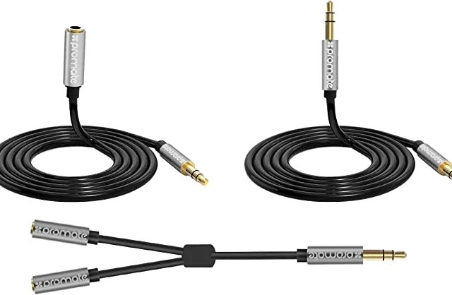 Promate AUXKIT.BLACK 3‐in‐1 Auxiliary cable kit with 3.5mm Audio Cable, Audio Cable Splitter and Audio Cable Extender
