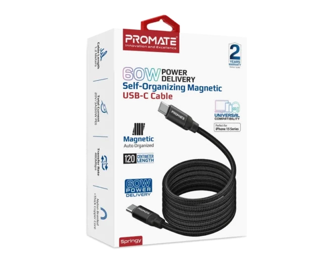 Promate 60W Power Delivery Self-Organizing Magnetic USB-C Cable SPRINGY.BLACK