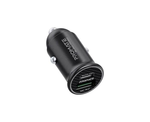 Promate RapidCharge™ Mini Car Charger with 60W Power Delivery & Quick Charge 3.0 (Bullet-PD60)