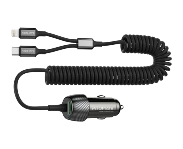 Promate 33W Car Charger with Lightning Connector & USB-C Cable (PowerDrive-33PDCI)