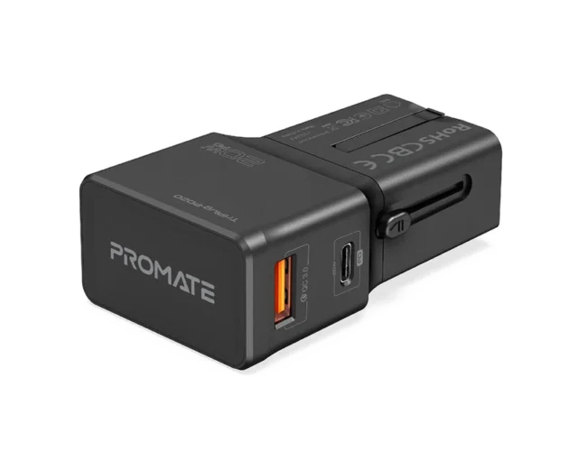 Promate Sleek Universal Travel Adapter with 20W Power Delivery & Quick Charge 3.0 (TriPlug-PD20.BLACK)