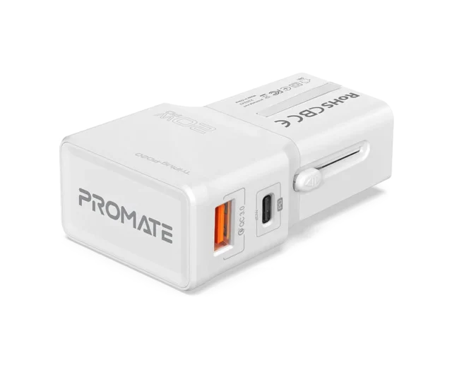 Promate Sleek Universal Travel Adapter with 20W Power Delivery & Quick Charge 3.0 (TriPlug-PD20.WHITE)