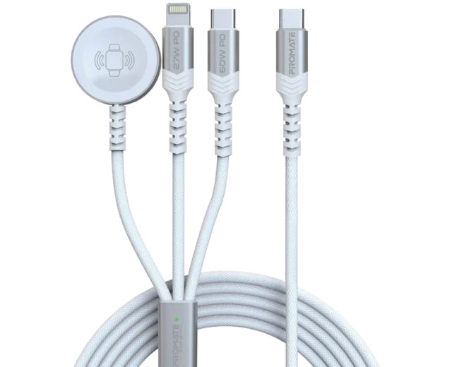 Promate 5-in-1 Multi-Connector Cable for Charging & Data Transfer with Apple Watch Charger ICHARGE-TRIO.WHITE