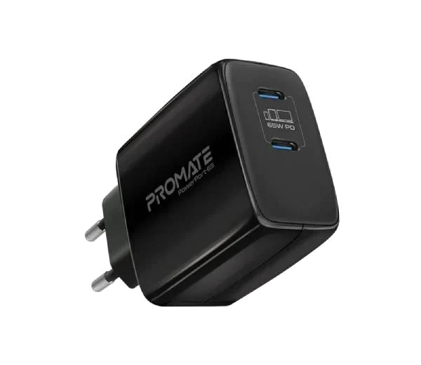 Promate 65W Super Speed GaNFast® Charging Adapter with Dual USB Ports (PowerPort-65)